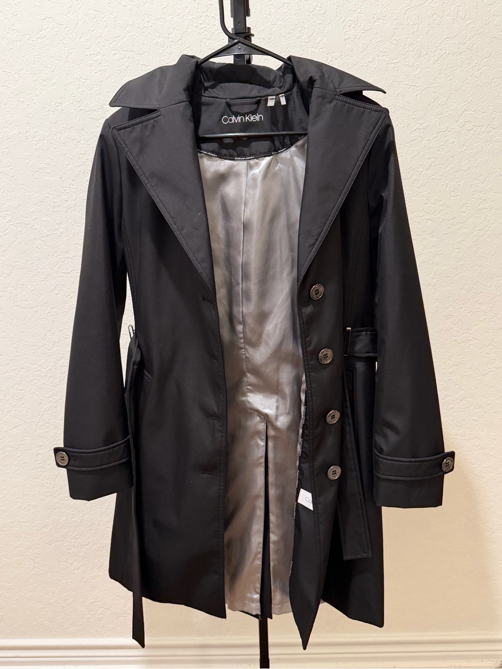 Calvin Klein Black Trench Coat with Silver Lining